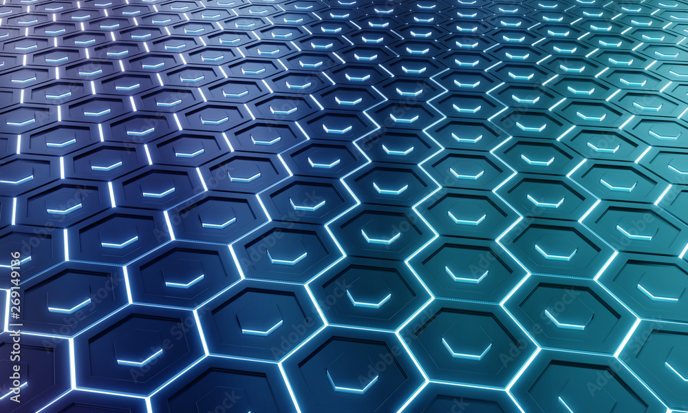 Aufkleber glowing black and blue hexagons background pattern on silver metal surface 3d rendering