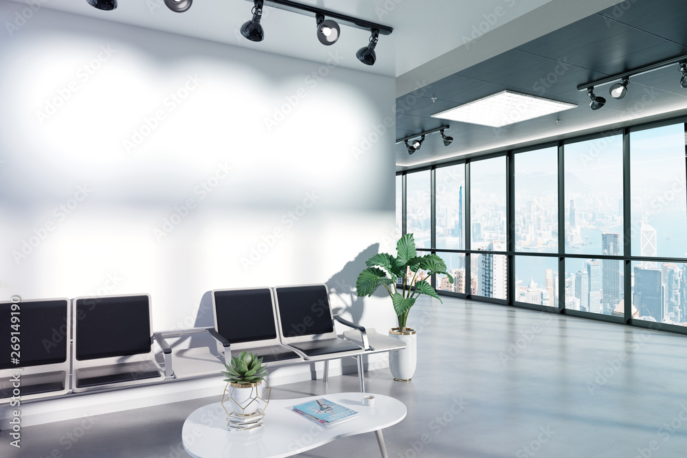 Poster Blank wall in waiting room mockup with large windows and sun passing through 3D rendering