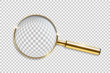Vector realistic golden magnifier isolated on transparent background. - obrazy, fototapety, plakaty