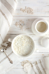 Fototapeta na wymiar Healthy breakfast in white tender colors.