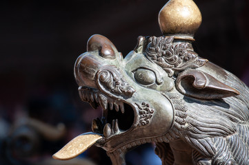 The lion like statue head guard near the temple door, Bhaktapur, Kathmandu