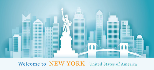 New York Landmarks Skyline Background, Paper Cutting Style