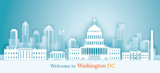 Obraz premium Washington DC, Landmarks Skyline Background, Paper Cutting Style