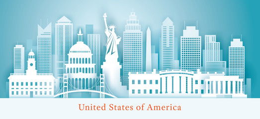 United States of America, USA, Landmarks Skyline Background, Paper Cutting Style