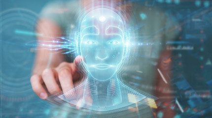 Woman using digital artificial intelligence head interface 3D rendering