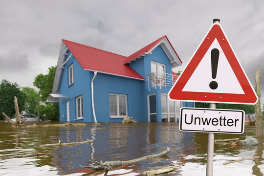 3d Illustation - Schild - Unwetter - Hochwasser - &Uuml;berschwemmung - Haus
