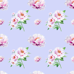 Beautiful white peony seamless pattern. Bouquet of flowers. Floral texture. Marker drawing. Watercolor painting. Wedding and birthday composition.  Flower painted background. Hand drawn illustration.