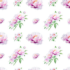 Beautiful white peony seamless pattern. Bouquet of flowers. Floral texture. Marker drawing. Watercolor painting. Wedding and birthday composition.  Flower painted background. Hand drawn illustration.