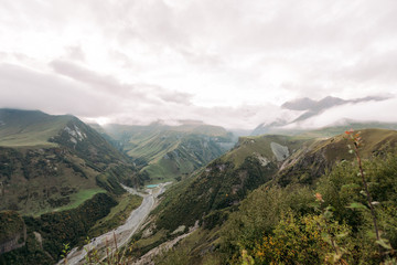 Naklejka premium Beautiful view of the Caucasus Mountains along the Georgian Military Road