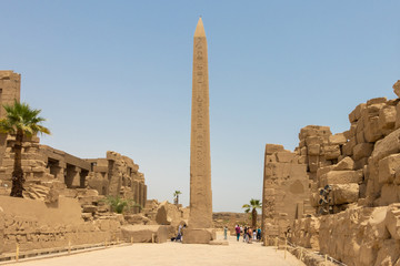 Luxor, Egypt - April 16, 2019: Thutmose I Obelisk in Amun Temple, Karnak, Luxor - obrazy, fototapety, plakaty