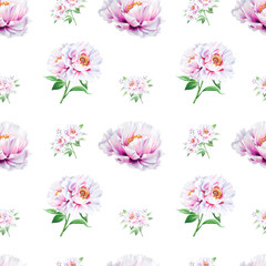 Fototapeta na wymiar Beautiful white peony seamless pattern. Bouquet of flowers. Floral texture. Marker drawing. Watercolor painting. Wedding and birthday composition. Flower painted background. Hand drawn illustration.