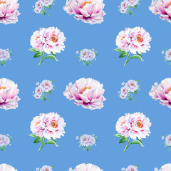 Beautiful white peony seamless pattern. Bouquet of flowers. Floral texture. Marker drawing. Watercolor painting. Wedding and birthday composition.  Flower painted background. Hand drawn illustration.