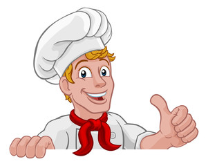 A chef cook or baker peeking over a sign and giving a thumbs up cartoon
