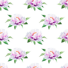 Beautiful white peony seamless pattern. Bouquet of flowers. Floral texture. Marker drawing. Watercolor painting. Wedding and birthday composition.  Flower painted background. Hand drawn illustration.