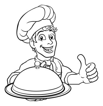 A chef holding a silver plate or platter domed cloche of food peeking over a sign and giving a thumbs up cartoon.