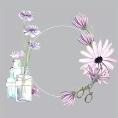 wreath on a gray background purple watercolor daisies, a place for the logo