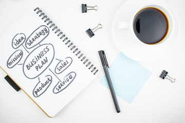 Minimalistic workplace concept, with a stationery, pen and business work records on a white background. Image of business plan, startup. Top view. Flat lay style.