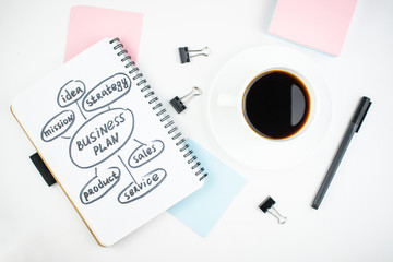 Minimalistic workplace concept, with a stationery, pen and business work records on a white background. Image of business plan, startup. Top view. Flat lay style.