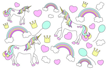 Unicorn, rainbow, hearts, pastel colors seamless pattern. Vector isolated over white background.