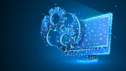 Gears Yin Yan symbol on computer monitor. Industry balance, business solution, settings concept. Abstract, digital, wireframe, low poly mesh, vector blue neon 3d illustration. Triangle, line dot