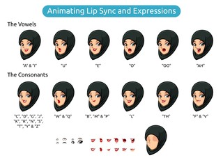 Muslim woman with hijab cartoon character design for animating lip sync and expressions, vector illustration. - obrazy, fototapety, plakaty