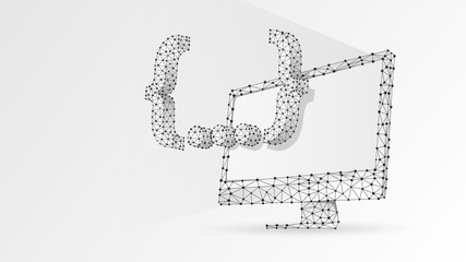 Quote Curly Bracket symbol on computer monitor. People social network communication concept. Abstract, digital, wireframe, low poly mesh, vector white origami 3d illustration. Triangle, line, dot