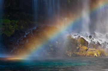 滝の水しぶきに出現した虹のアップ