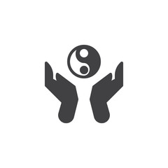 Hands hold ying yang vector icon. filled flat sign for mobile concept and web design. Praying hands and Ying Yang glyph icon. Buddhism symbol, logo illustration. Vector graphics