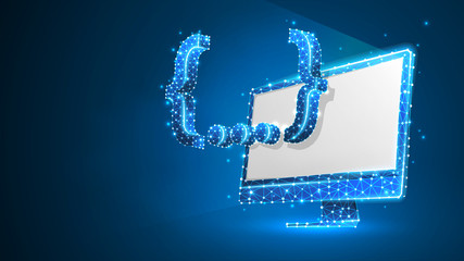 Quote Curly Bracket symbol on white computer monitor. People social network communication concept. Abstract, digital, wireframe, low poly mesh, Raster blue neon 3d illustration. Triangle, line, dot