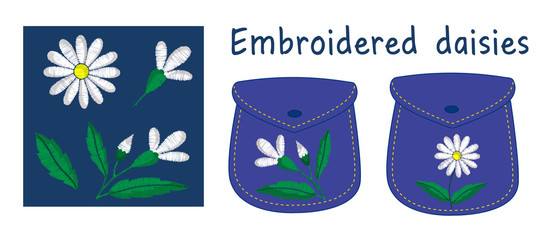 Embroidered chamomile with separate elements. Vector illustration