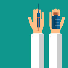 Doctor's hands holding syringe and pills in bottle for his patient. Healthcare concept. Vector illustration.
