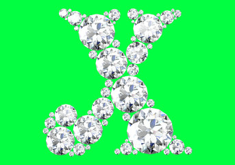 Diamond alphabet on green background, 3D Rendering.
