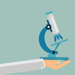 Hand holding a microscope. Science and education. Vector illustration.