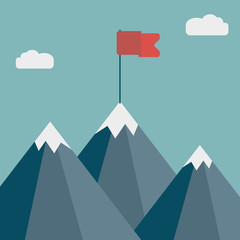 Flag on mountain. Goal achievement. Business success concept. Winning of competition or triumph design. Vector illustration.