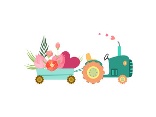 Cute Tractor with Cart with Flowers and Heart Vector Illustration