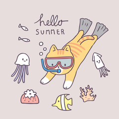 Cartoon cute summer cat diving vector.