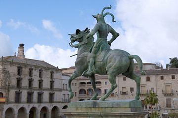 Fototapeta na wymiar Francisco Pizarro statue in the main square of Trujillo, Caceres, Extremadura, Spain