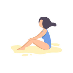 Beautiful Brunette Girl in Blue Swimsuit Relaxing on Beach Vector Illustration