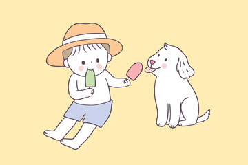 Cartoon cute summer boy and dog and ice cream vector.