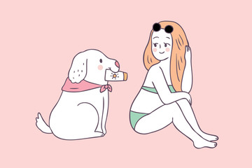 Cartoon cute summer woman and dog vector.