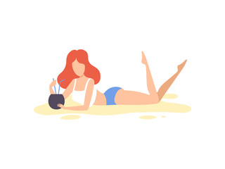 Beautiful Girl in Swimsuit Lying on Beach and Drinking Tropical Cocktail, Young Woman Relaxing on Summer Vacation Vector Illustration