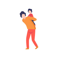 Father and Son Doing Piggy Back Ride, Dad Having Good Time with His Kid Vector Illustration