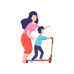 Mother Teaching Son to Ride Kick Scooter, Mom Having Good Time with Her Kid Vector Illustration