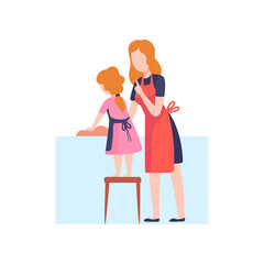 Mother Teaching Daughter to Wash Dishes, Mom and Kid Spending Time Together at Home Vector Illustration