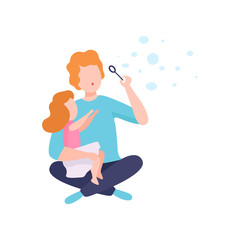 Father With Daughter Blowing Soap Bubbles, Father Having Good Time with His Kid Vector Illustration