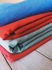 Stack of linen fabrics. Colorful linen. Eco fabric