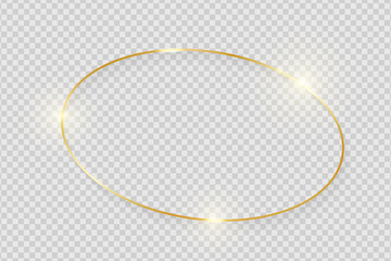 Gold shiny glowing vintage frame with shadows isolated on transparent background. Golden luxury realistic oval border. Vector illustration