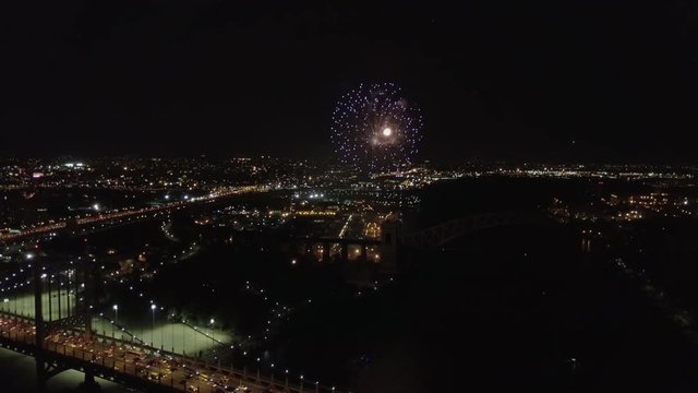 Aerial footage from the Astoria Park in Queens, NY for the Firework show 2017 that happens every year before the independence day of USA 4th of July.