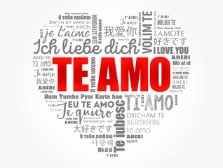 Te amo (I Love You in Spanish) love heart word cloud in different languages of the world