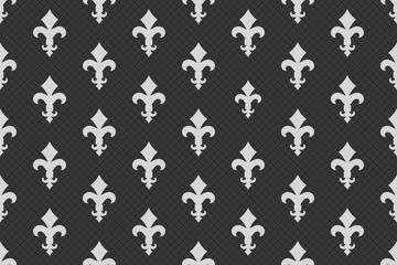 Vintage luxury Fleur-de-lis seamless royal background. France historic  ornamental pattern with heraldic symbol fleur-de-lis. Black and white style immaculate virgin symbolics. Vector illustration